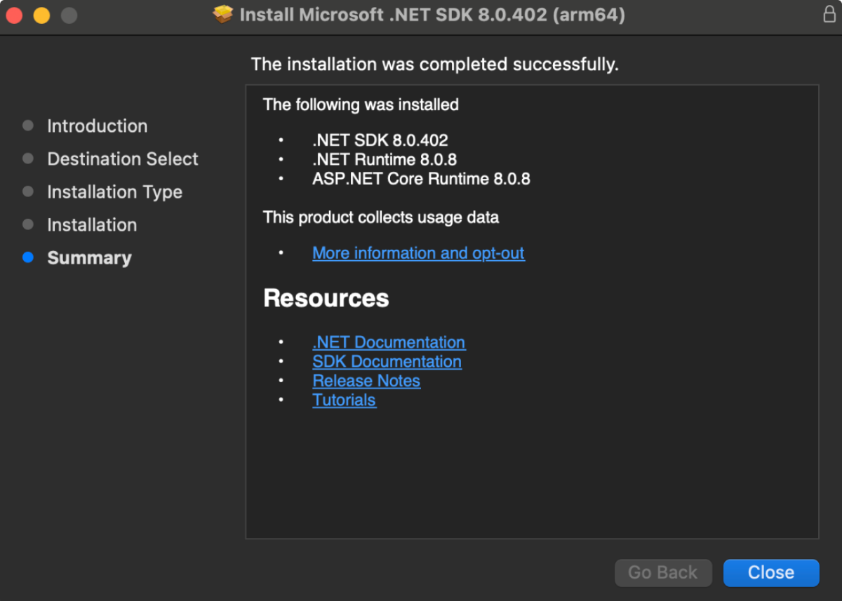 dotnet Installation Successful