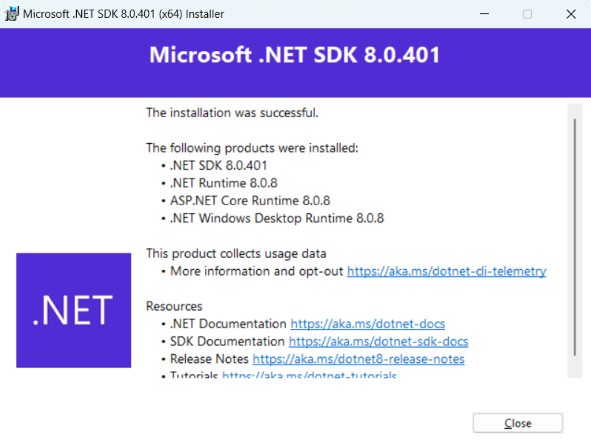 dotnet Installation Successful