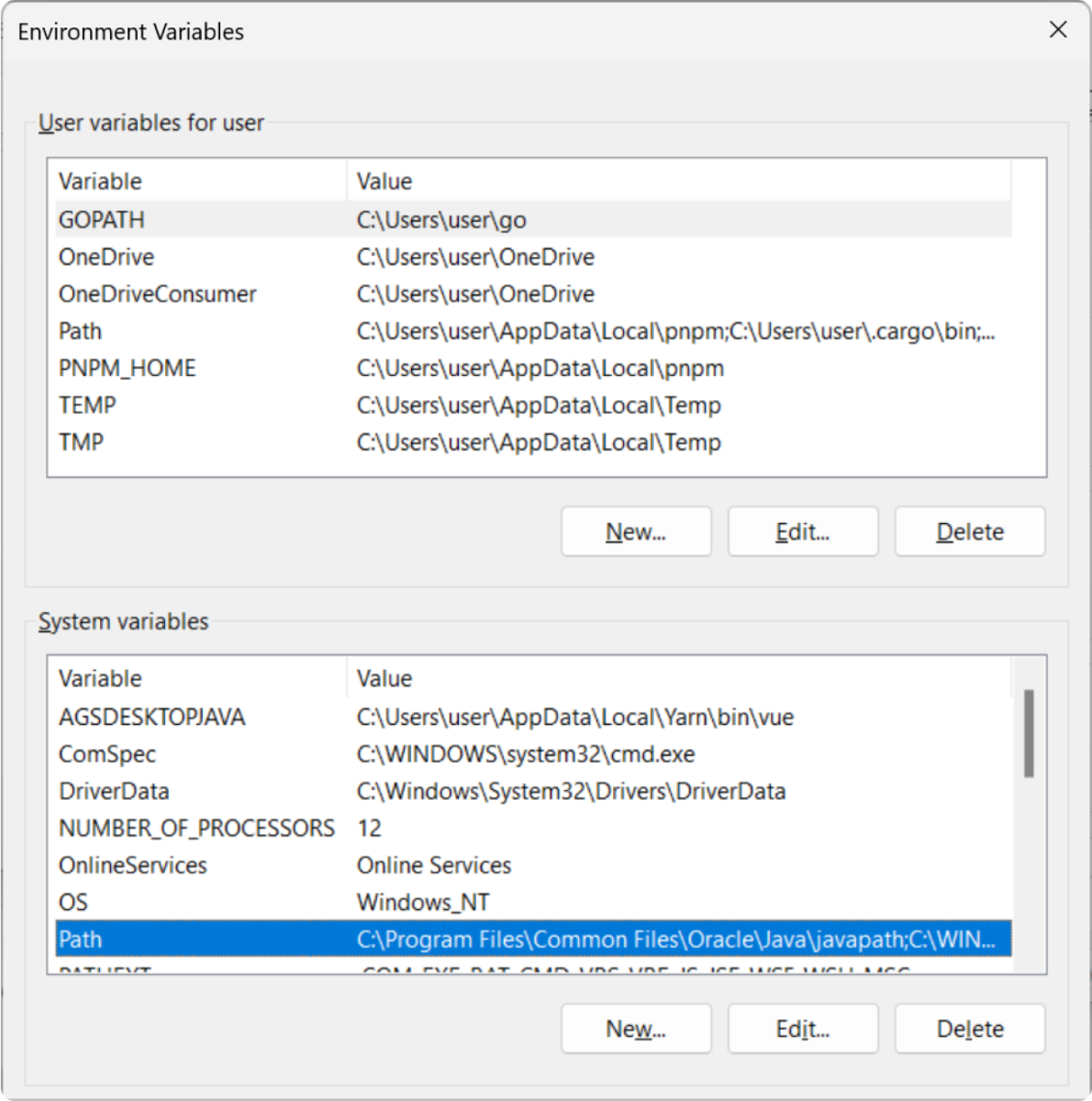 Edit Path Under System Variables